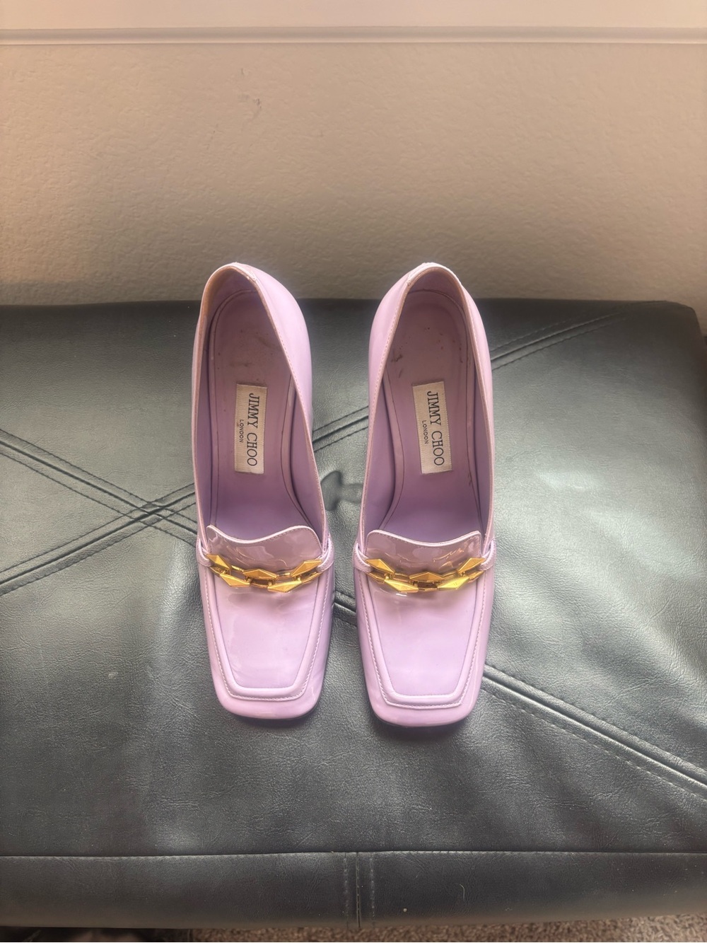Jimmy Choo Lilac Leather Square-Toe Pumps with Gold Chain